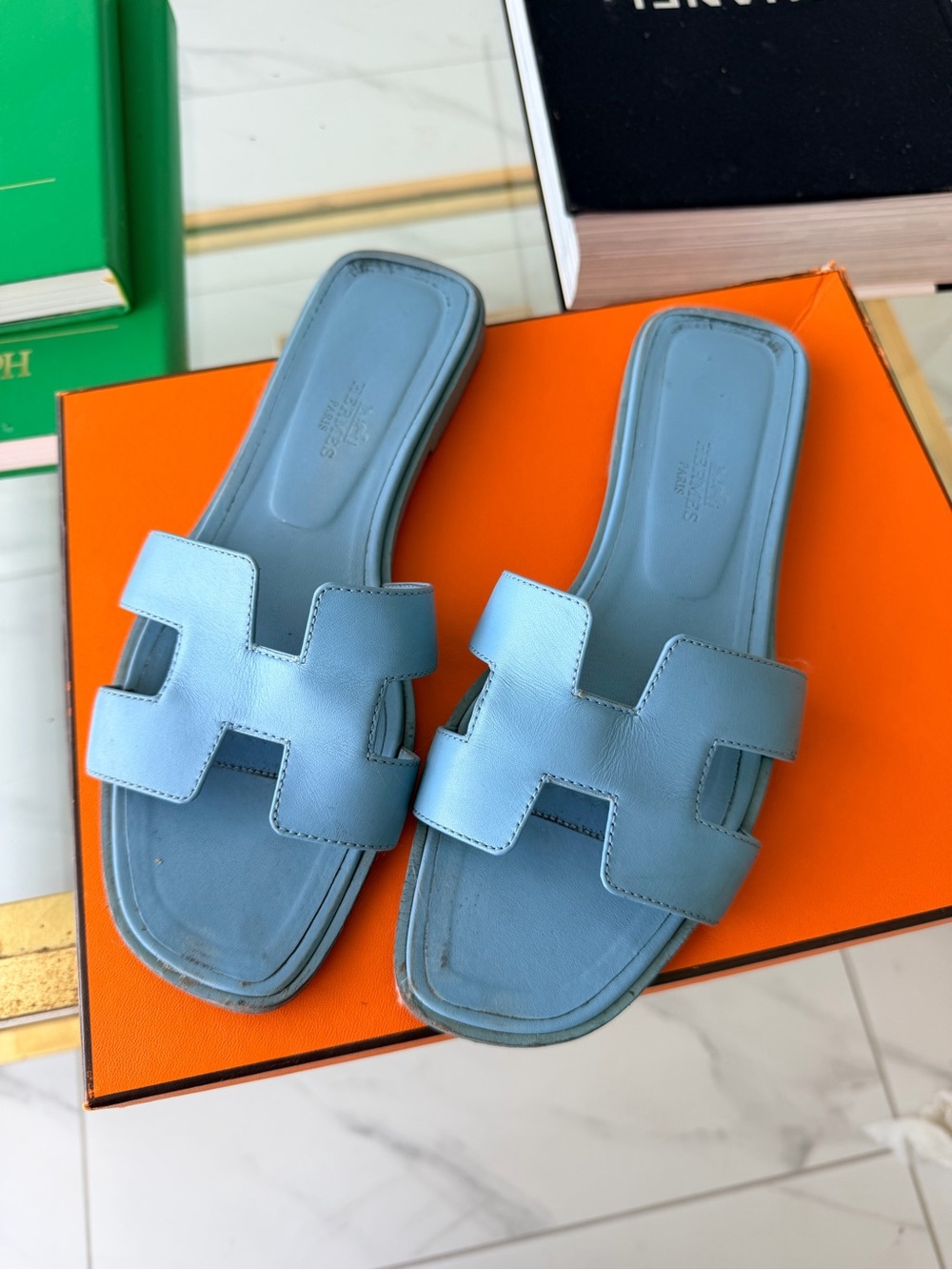 Hermes Light Blue Leather Oran Slide Sandals